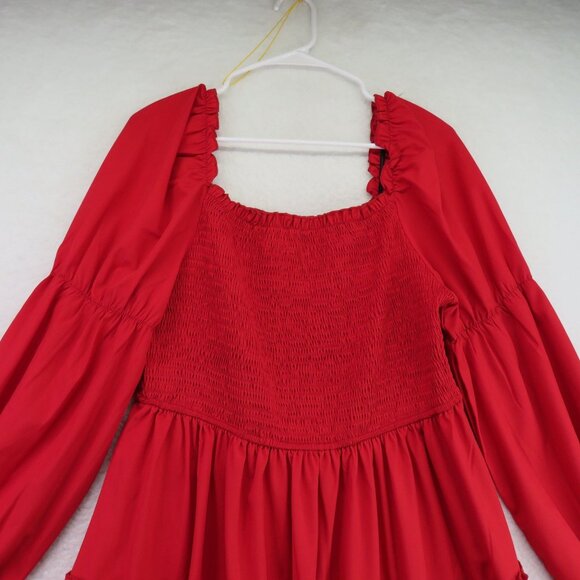 Shein Curve Dress Size 0 XL Red Smocked Long Sleeve Tiered Ruffles Square Neck - Picture 2 of 8